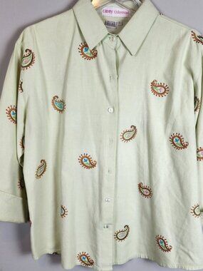 Casey Coleman Green Paisley Embroidered Cotton Button‎ Down Shirt Top Size L
